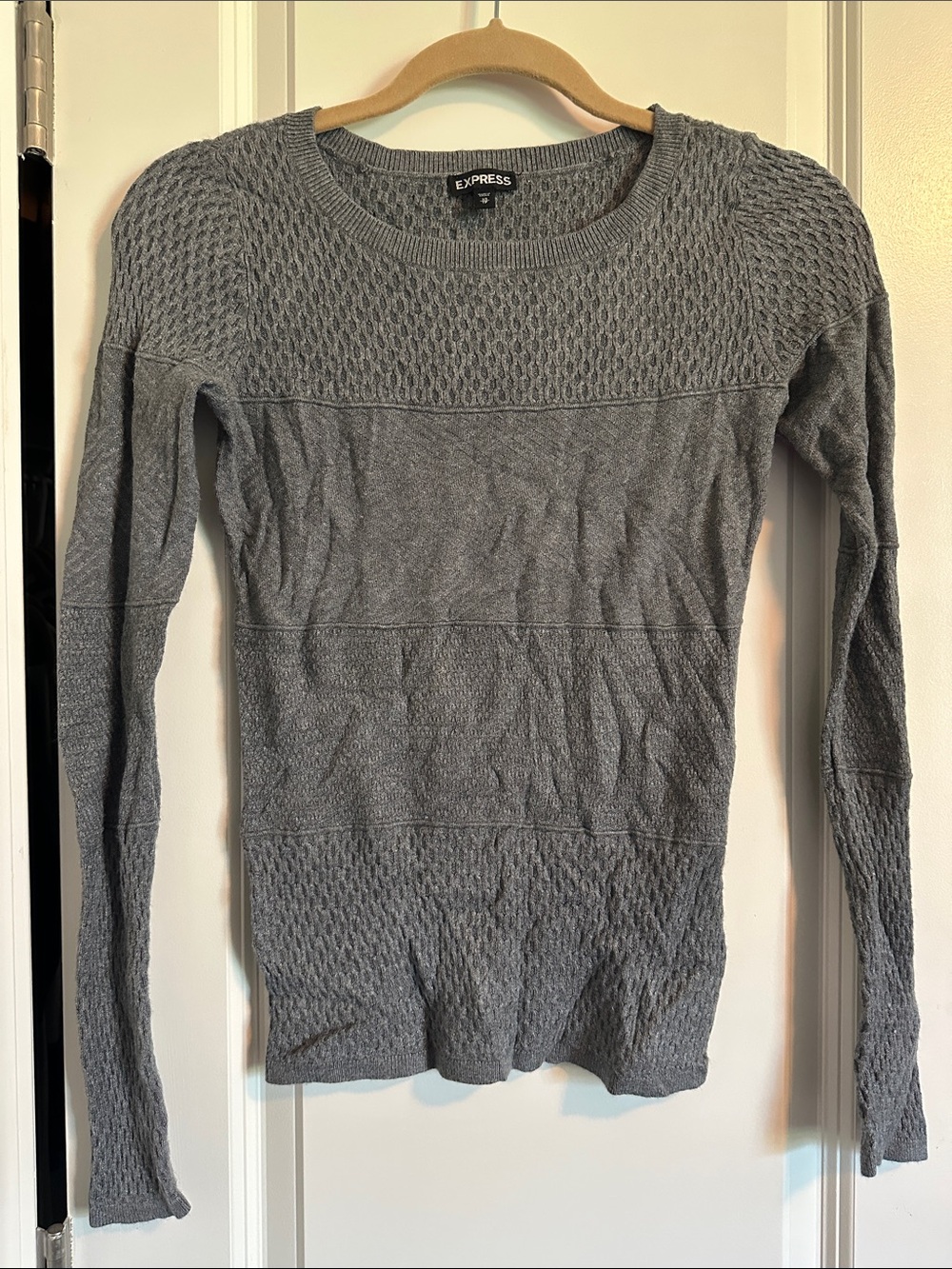 Express Gray Textured Crew Neck Sweater. Very stretchy fits like a small.